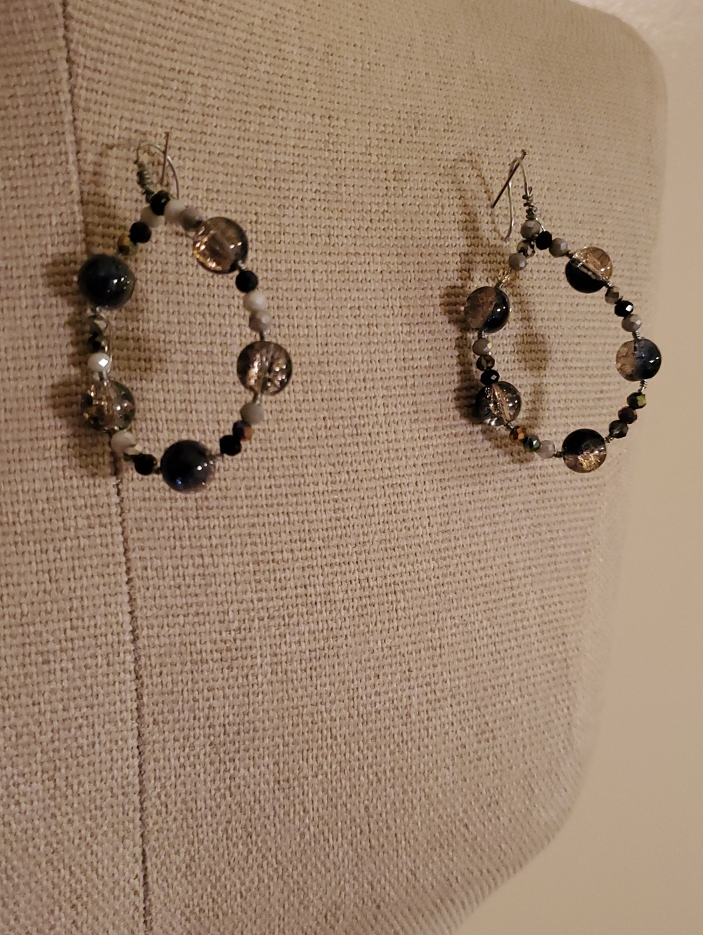 Handcrafted Black and Silver Beaded Hoop Earrings - Unbranded